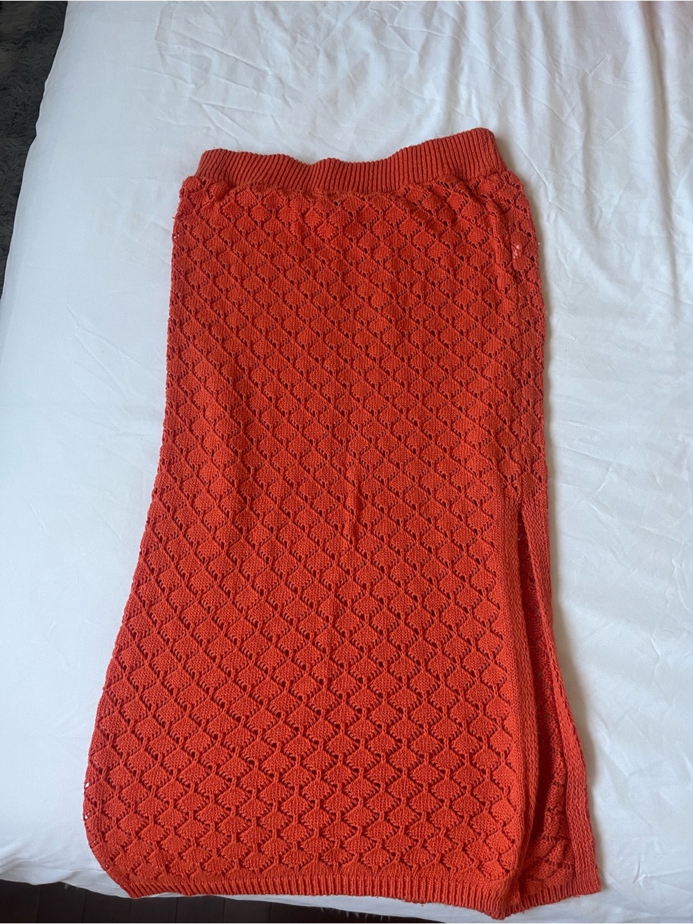 Textured Orange Maxi Knit Skirt with Side Slit